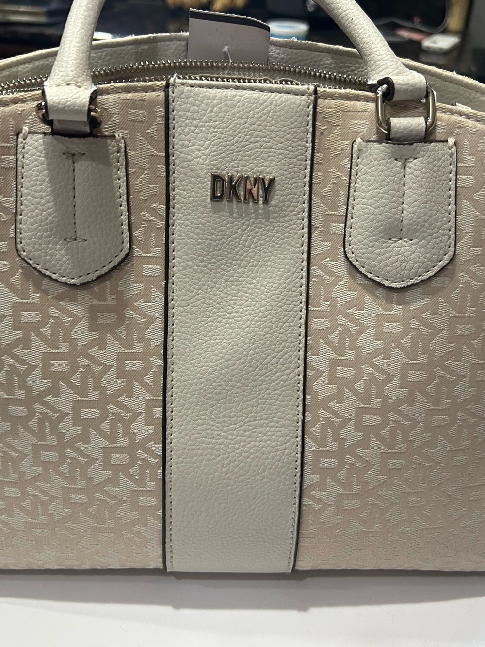 DKNY Cream Monogram Satchel with Leather Trim